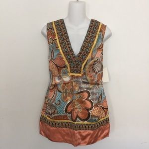Hale Bob Silk Sleeveless V Neck Boho Top XS NWT